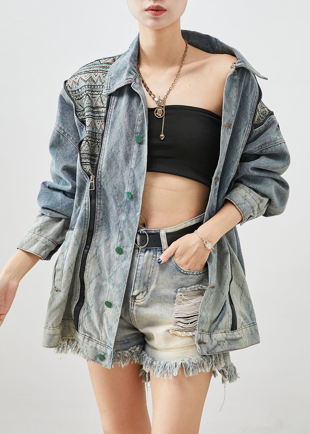 Stylish Zip Up Patchwork Denim Coats Fall Ada Fashion