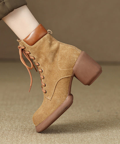 Suede Chunky Heel Boots Apricot Stylish Splicing Lace Up Ada Fashion