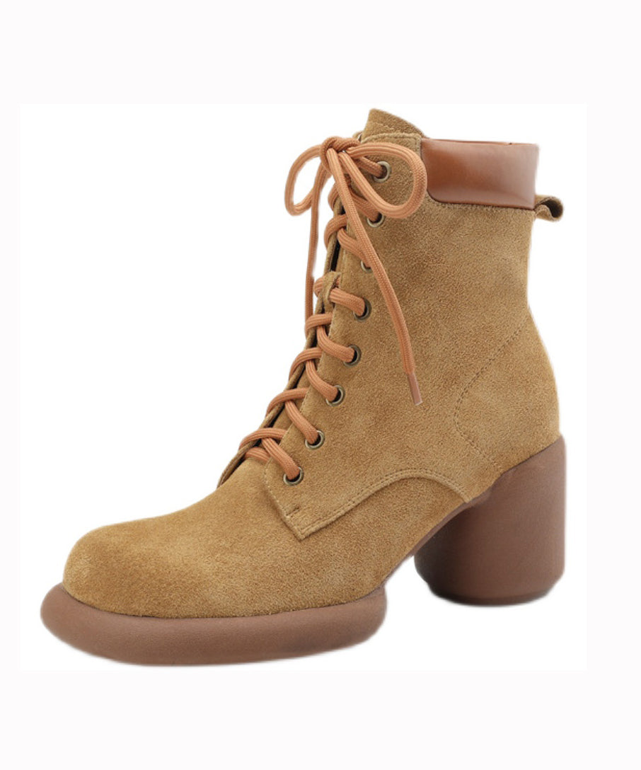 Suede Chunky Heel Boots Apricot Stylish Splicing Lace Up Ada Fashion