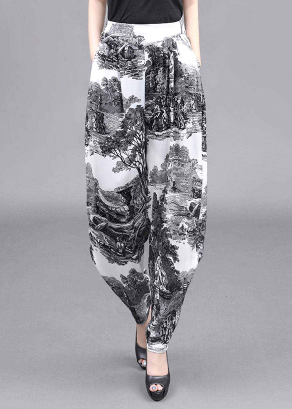 Summer Women Loose Pockets Landscape Painting Haren Pants Ada Fashion