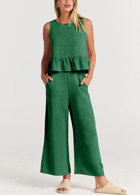 Summer Womens Green Sleeveless Pleated Tank Top Wide Leg Crop Pan LY3915 - fabuloryshop