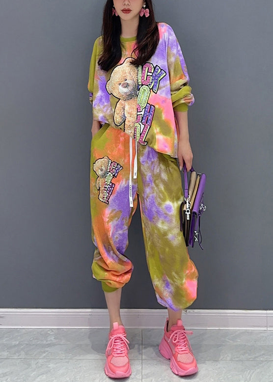 Tie Dye Little Bear Print Elastic Waist Cotton Two Pieces Set Fall Ada Fashion