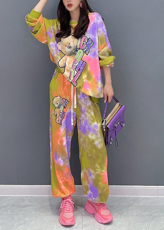 Tie Dye Little Bear Print Elastic Waist Cotton Two Pieces Set Fall Ada Fashion