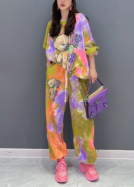 Tie Dye Little Bear Print Elastic Waist Cotton Two Pieces Set Fall Ada Fashion