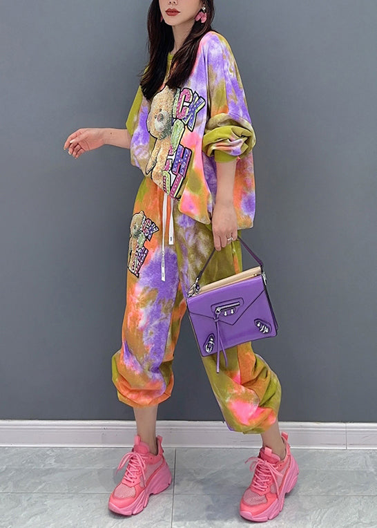 Tie Dye Little Bear Print Elastic Waist Cotton Two Pieces Set Fall Ada Fashion