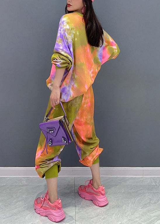 Tie Dye Little Bear Print Elastic Waist Cotton Two Pieces Set Fall Ada Fashion