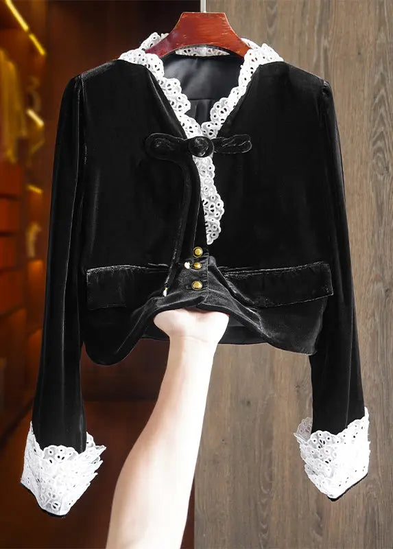 Top Quality Black Button Lace Patchwork Silk Velour Top Fall Ada Fashion