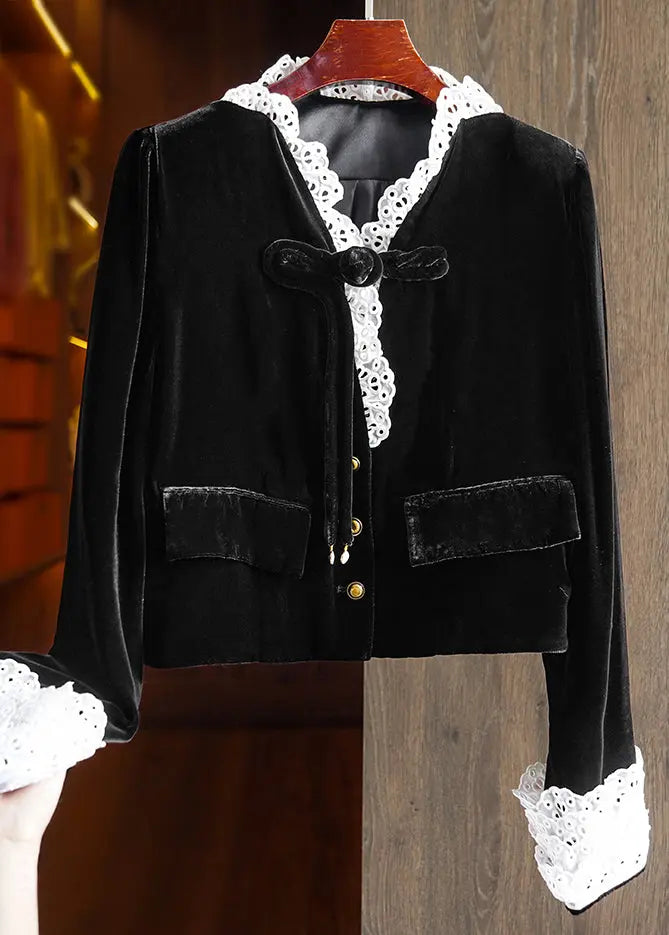 Top Quality Black Button Lace Patchwork Silk Velour Top Fall Ada Fashion