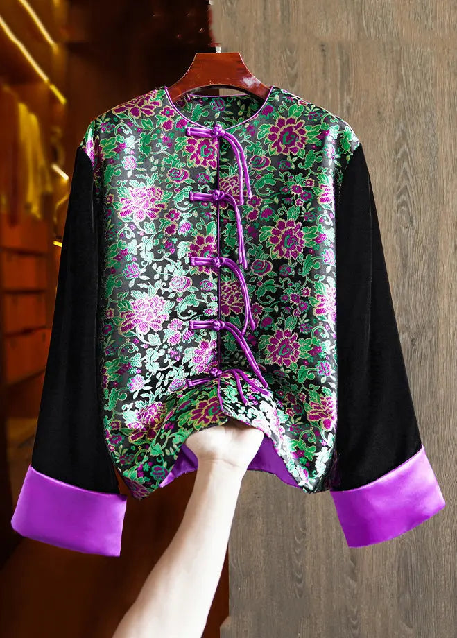 Top Quality Black Embroideried Button Patchwork Silk Velour Parka Winter Ada Fashion