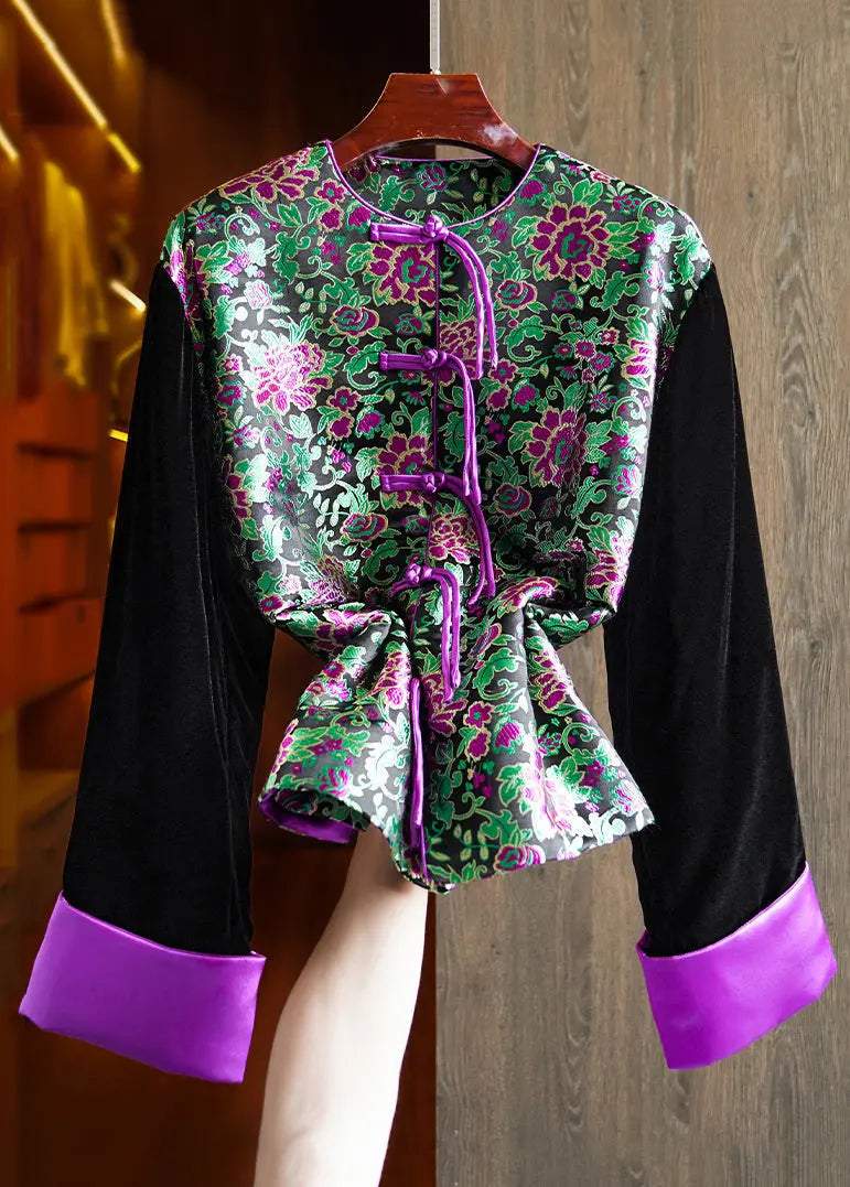 Top Quality Black Embroideried Button Patchwork Silk Velour Parka Winter Ada Fashion