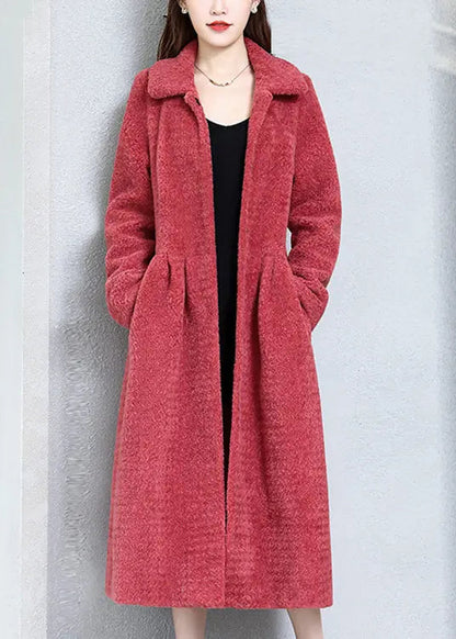 Top Quality Watermelon Red Wrinkled Pockets Woolen Coats Long Sleeve Ada Fashion