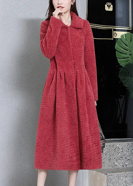 Top Quality Watermelon Red Wrinkled Pockets Woolen Coats Long Sleeve Ada Fashion