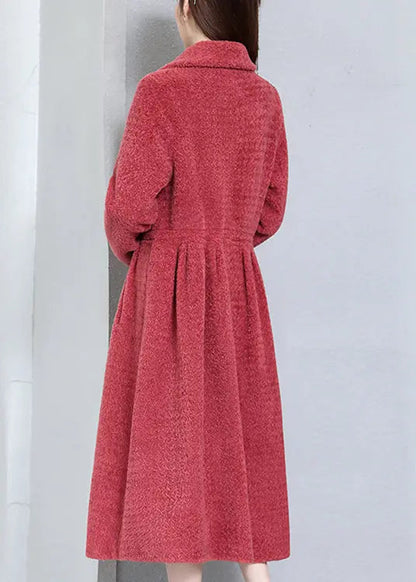 Top Quality Watermelon Red Wrinkled Pockets Woolen Coats Long Sleeve Ada Fashion