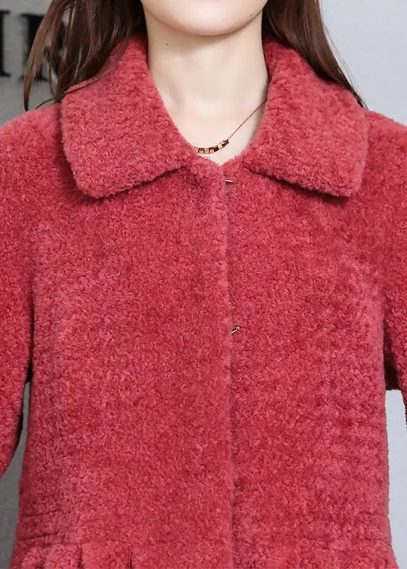 Top Quality Watermelon Red Wrinkled Pockets Woolen Coats Long Sleeve Ada Fashion