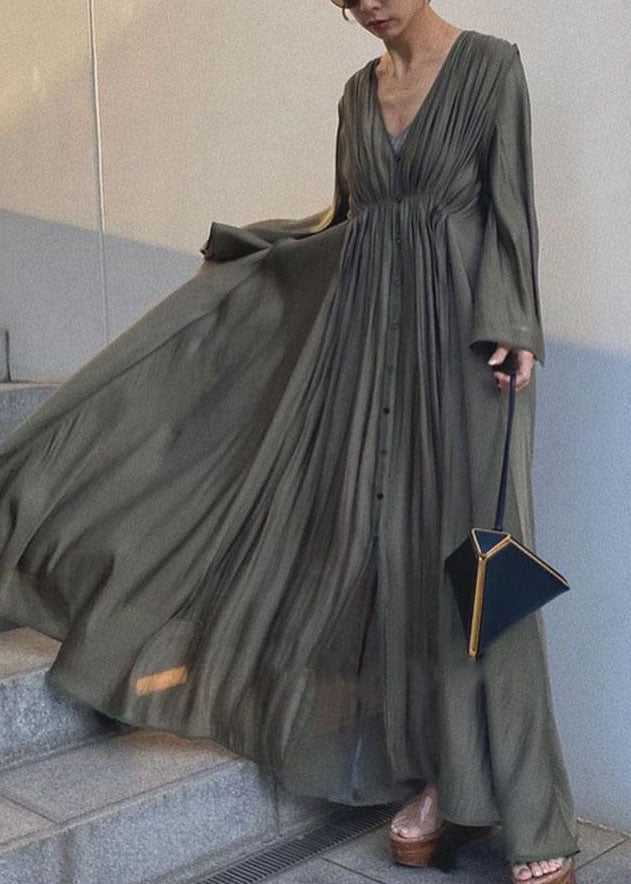 Unique Army Green Cinched Patchwork Cotton Long Dresses Flare Sleeve LY1312 - fabuloryshop