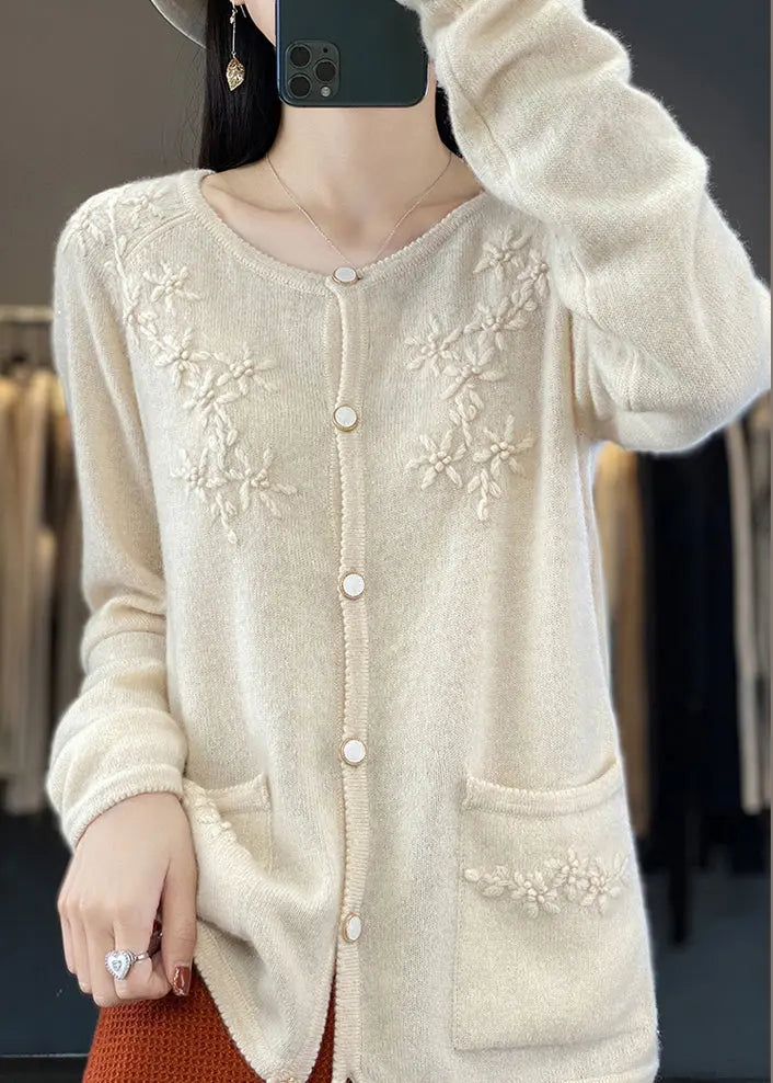 Unique Beige Floral Button Cashmere Knit Cardigan Long Sleeve Ada Fashion