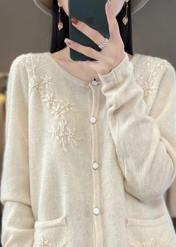 Unique Beige Floral Button Cashmere Knit Cardigan Long Sleeve Ada Fashion