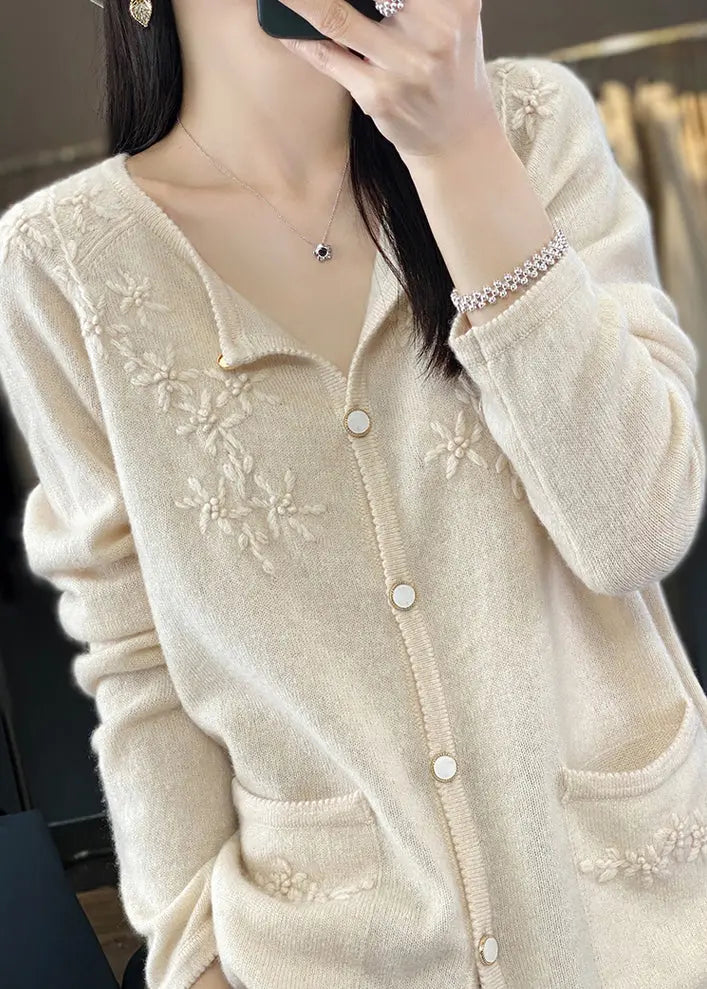 Unique Beige Floral Button Cashmere Knit Cardigan Long Sleeve Ada Fashion