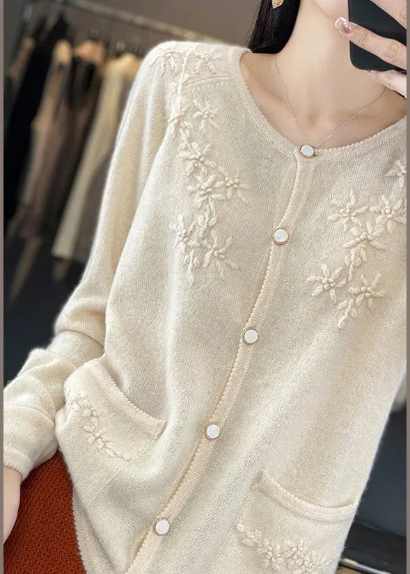 Unique Beige Floral Button Cashmere Knit Cardigan Long Sleeve Ada Fashion