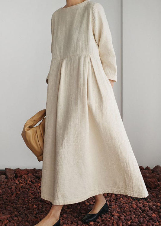 Unique Beige O Neck Wrinkled Patchwork Long Cotton Dresses Spring LC0454 - fabuloryshop