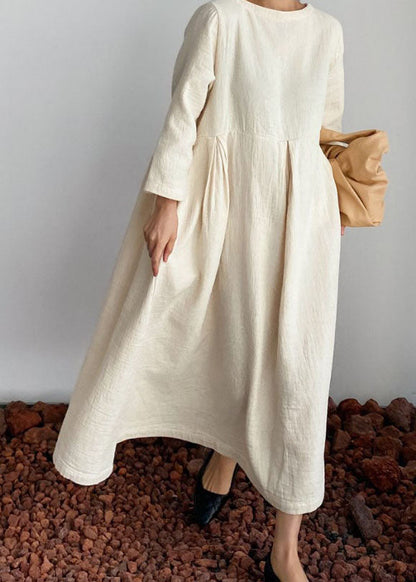 Unique Beige O Neck Wrinkled Patchwork Long Cotton Dresses Spring LC0454 - fabuloryshop