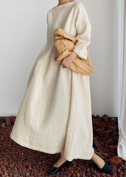 Unique Beige O Neck Wrinkled Patchwork Long Cotton Dresses Spring LC0454 - fabuloryshop