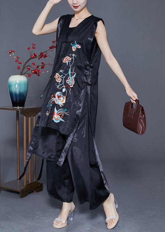 Unique Black Asymmetrical Design Embroideried Silk Two Pieces Set Summer LY3622