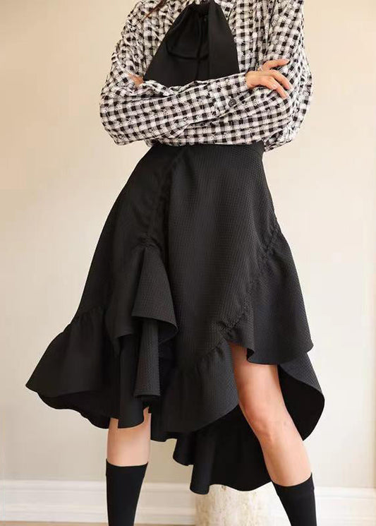 Unique Black Asymmetrical High Waist Patchwork Cotton Skirt Summer Ada Fashion