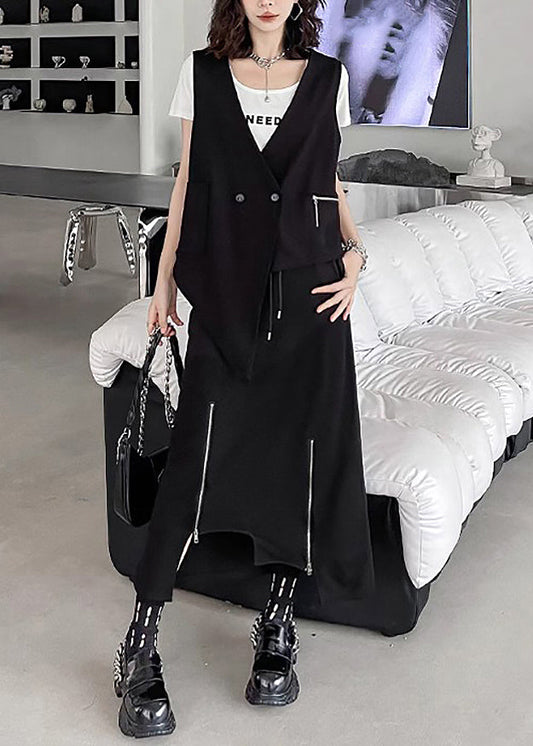 Unique Black Asymmetrical Patchwork Waistcoat And Skirts Cotton Two Pieces Set Sleeveless Ada Fashion