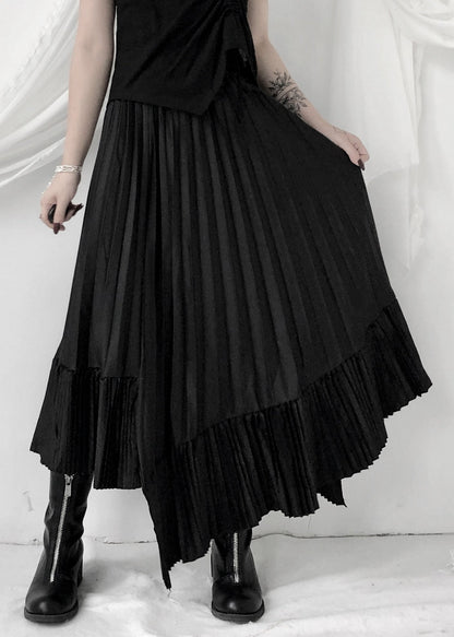 Unique Black Asymmetrical Silk Pleated Skirt Summer Ada Fashion