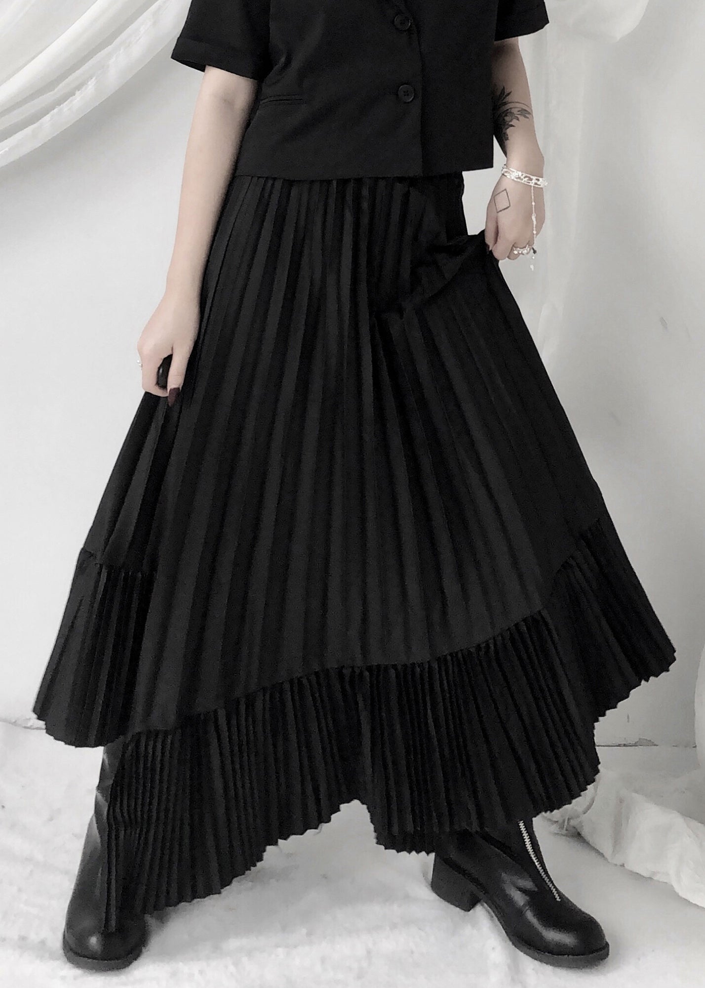 Unique Black Asymmetrical Silk Pleated Skirt Summer Ada Fashion