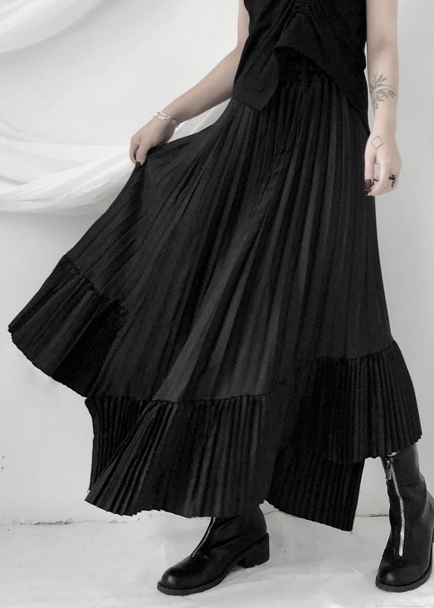 Unique Black Asymmetrical Silk Pleated Skirt Summer Ada Fashion