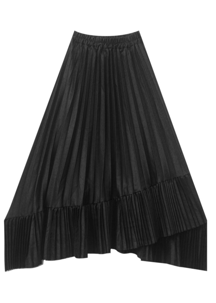 Unique Black Asymmetrical Silk Pleated Skirt Summer Ada Fashion