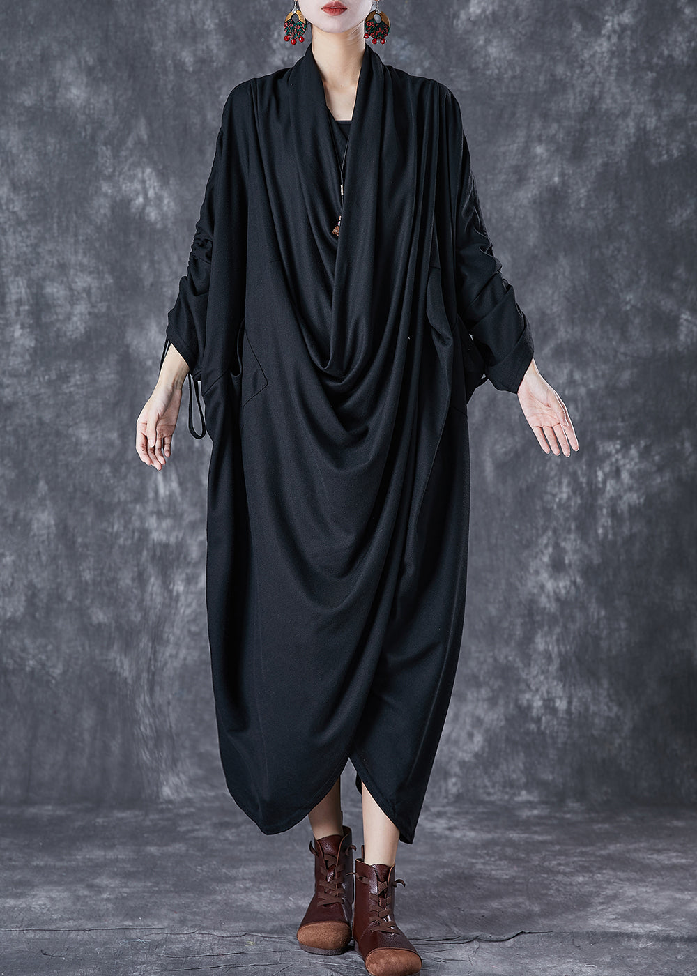 Unique Black Asymmetrical Wrinkled Cotton Gown Dress Fall Ada Fashion