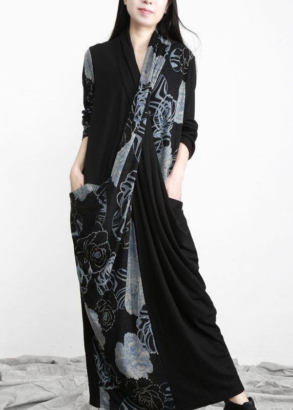 Unique Black Blue Asymmetrical Print Patchwork Cotton Dress Long Sleeve LY5172 - fabuloryshop