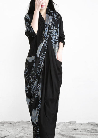 Unique Black Blue Asymmetrical Print Patchwork Cotton Dress Long Sleeve LY5172 - fabuloryshop