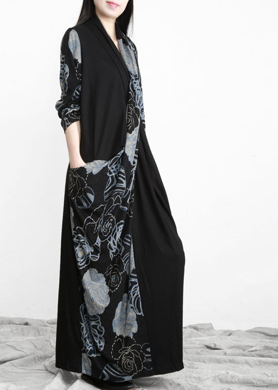 Unique Black Blue Asymmetrical Print Patchwork Cotton Dress Long Sleeve LY5172 - fabuloryshop