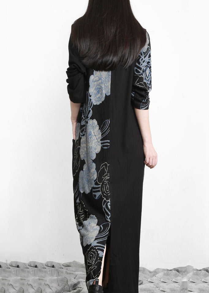 Unique Black Blue Asymmetrical Print Patchwork Cotton Dress Long Sleeve LY5172 - fabuloryshop