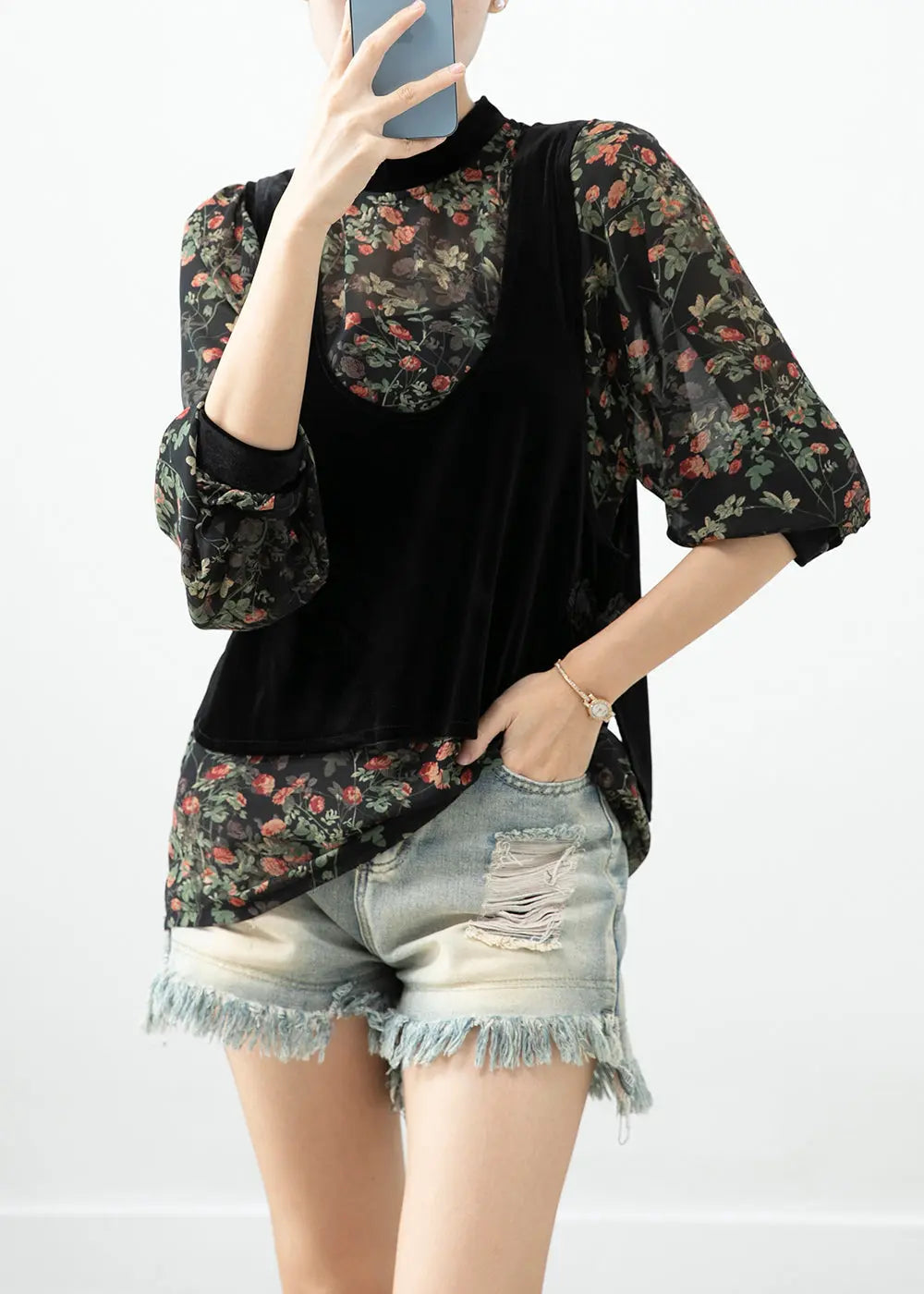 Unique Black Chinese Button Silk Velour Vests And Chiffon Shirts Two-Piece Set Fall Ada Fashion