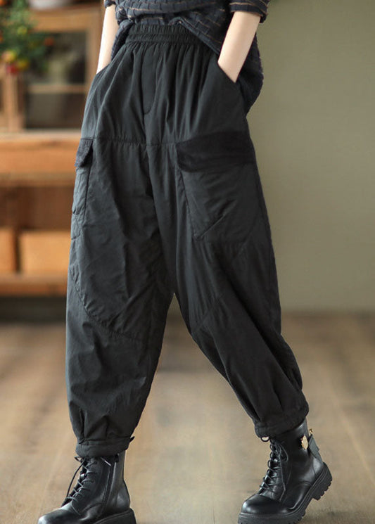 Unique Black Elastic Waist Pockets Fine Cotton Filled Pants Winter TG1039 - fabuloryshop