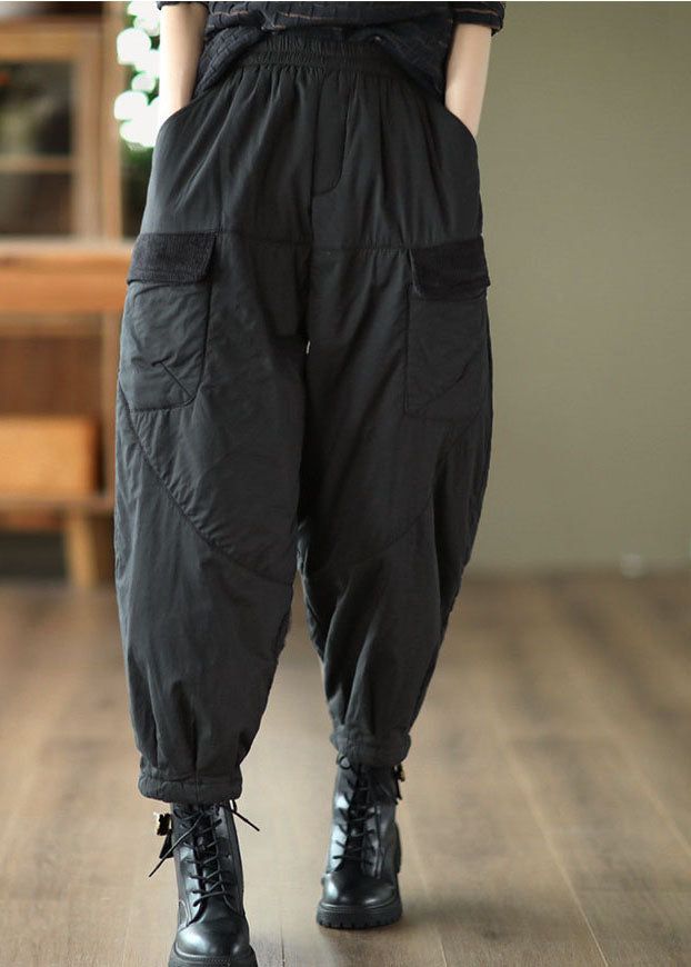 Unique Black Elastic Waist Pockets Fine Cotton Filled Pants Winter TG1039 - fabuloryshop