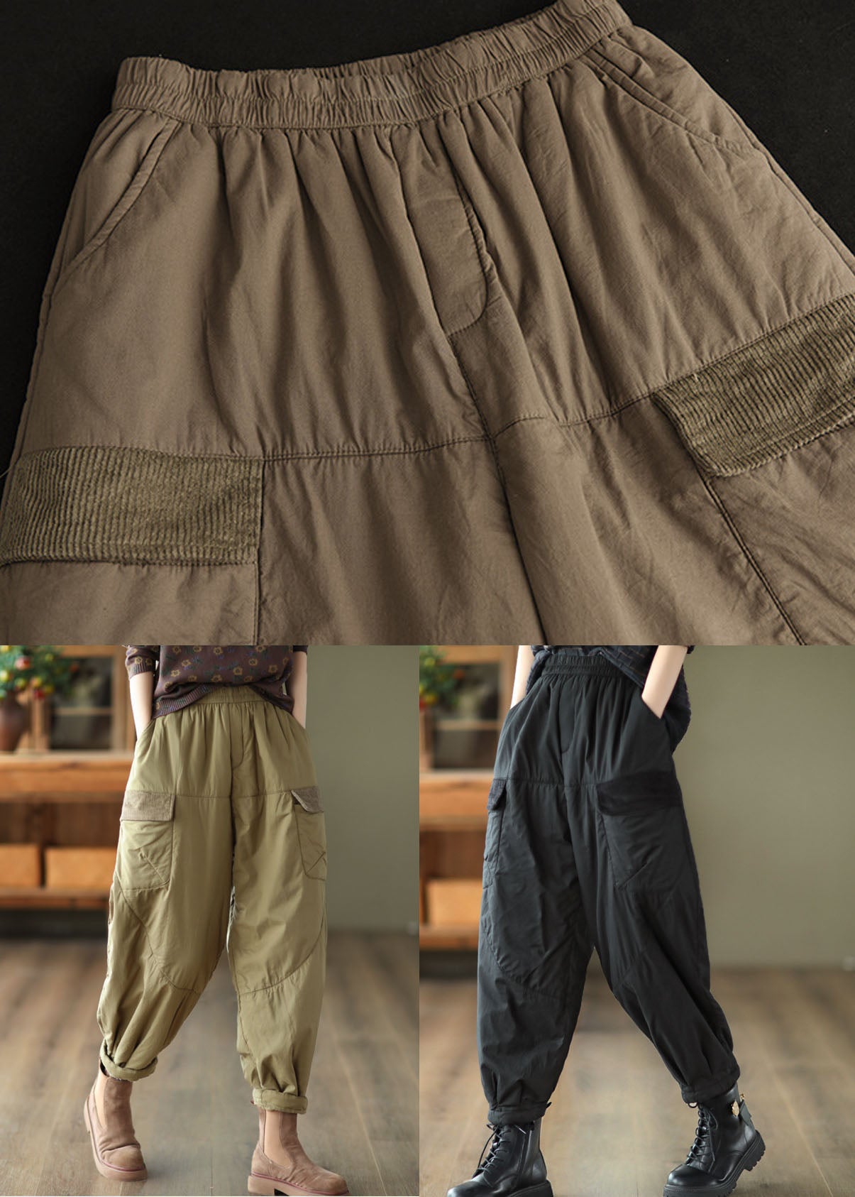 Unique Black Elastic Waist Pockets Fine Cotton Filled Pants Winter TG1039 - fabuloryshop