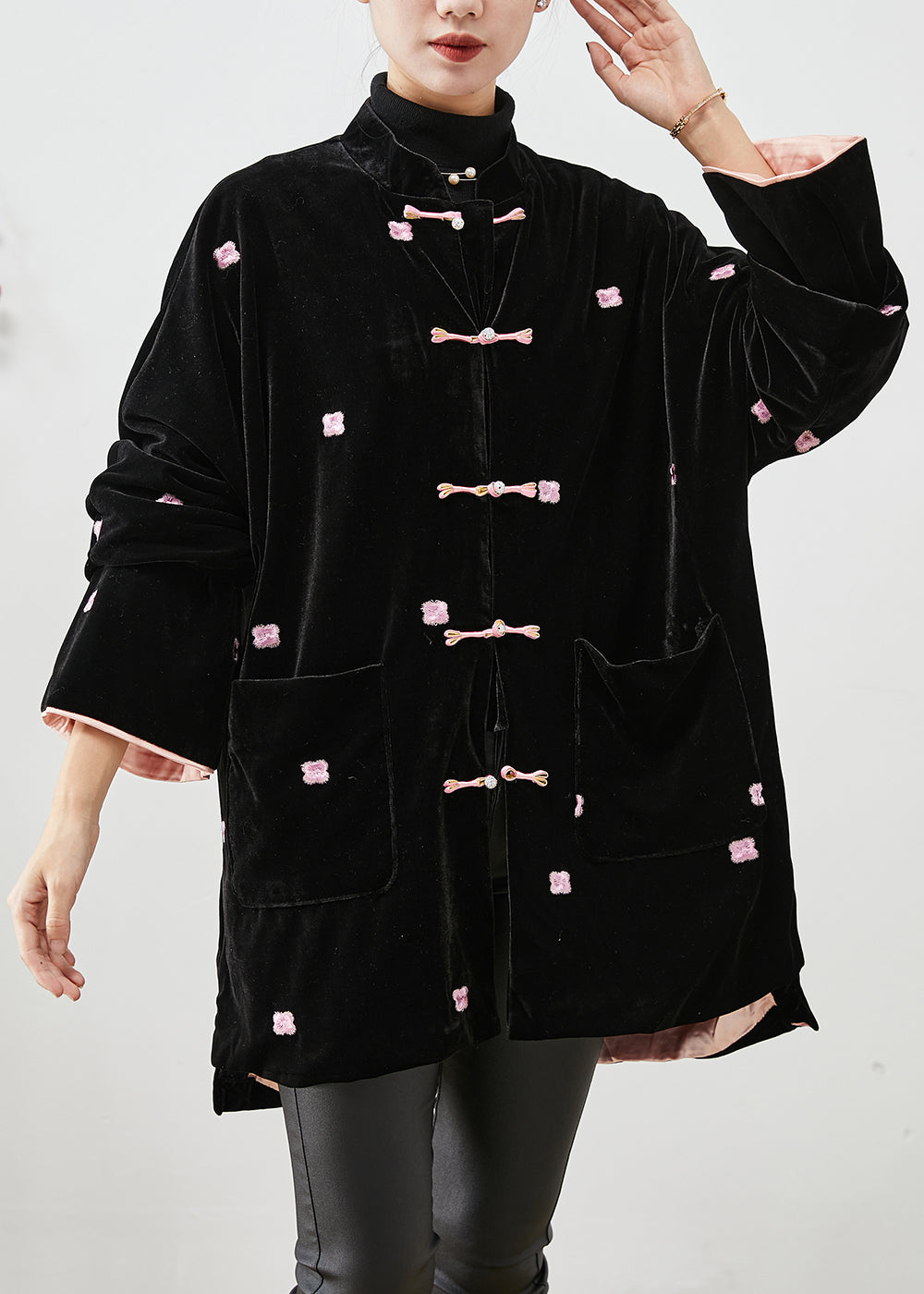 Unique Black Embroideried Chinese Button Silk Velour Coats Winter Ada Fashion