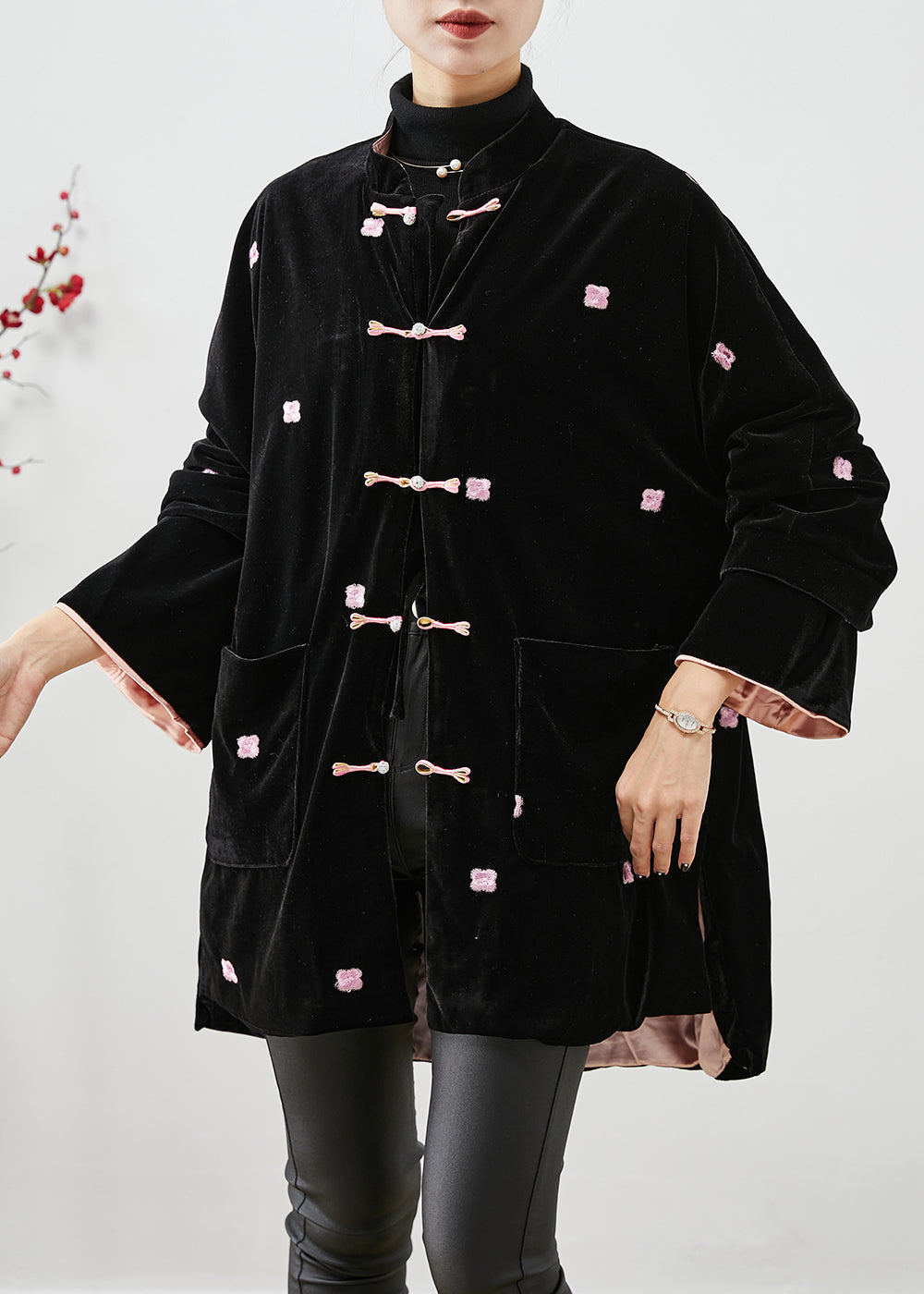 Unique Black Embroideried Chinese Button Silk Velour Coats Winter Ada Fashion