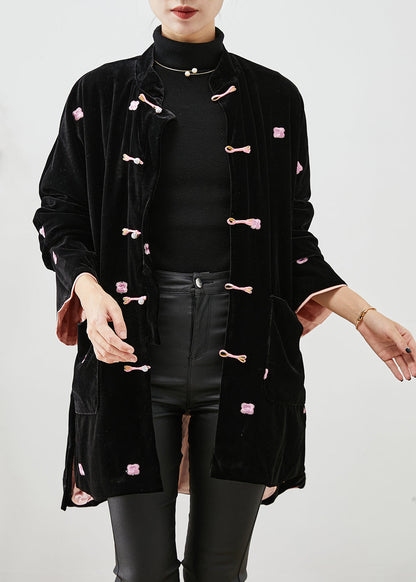 Unique Black Embroideried Chinese Button Silk Velour Coats Winter Ada Fashion