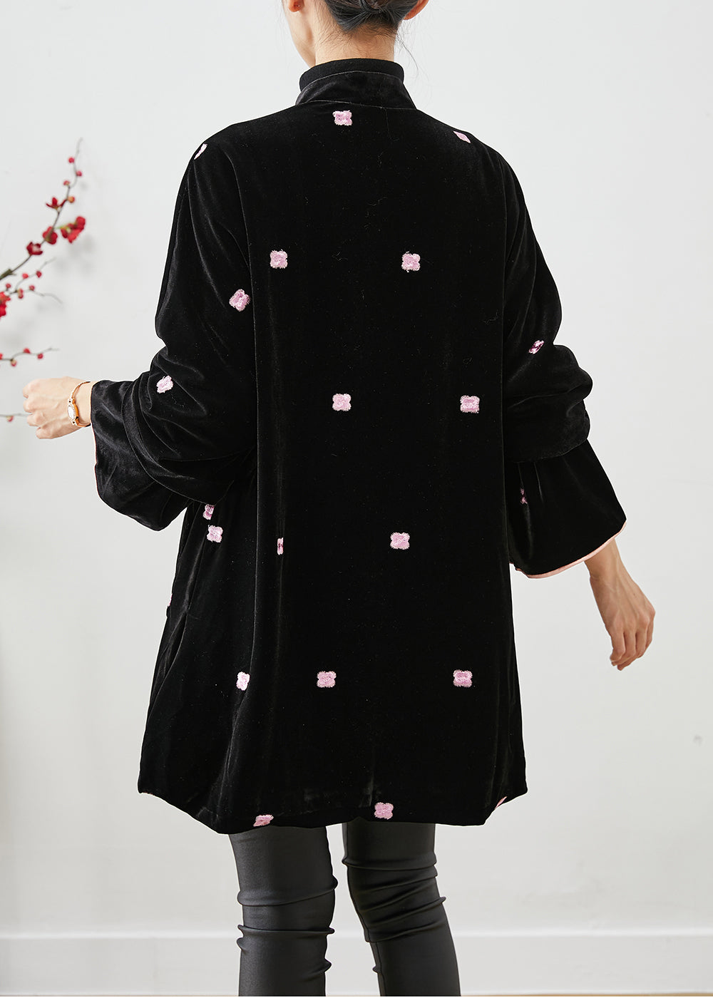 Unique Black Embroideried Chinese Button Silk Velour Coats Winter Ada Fashion