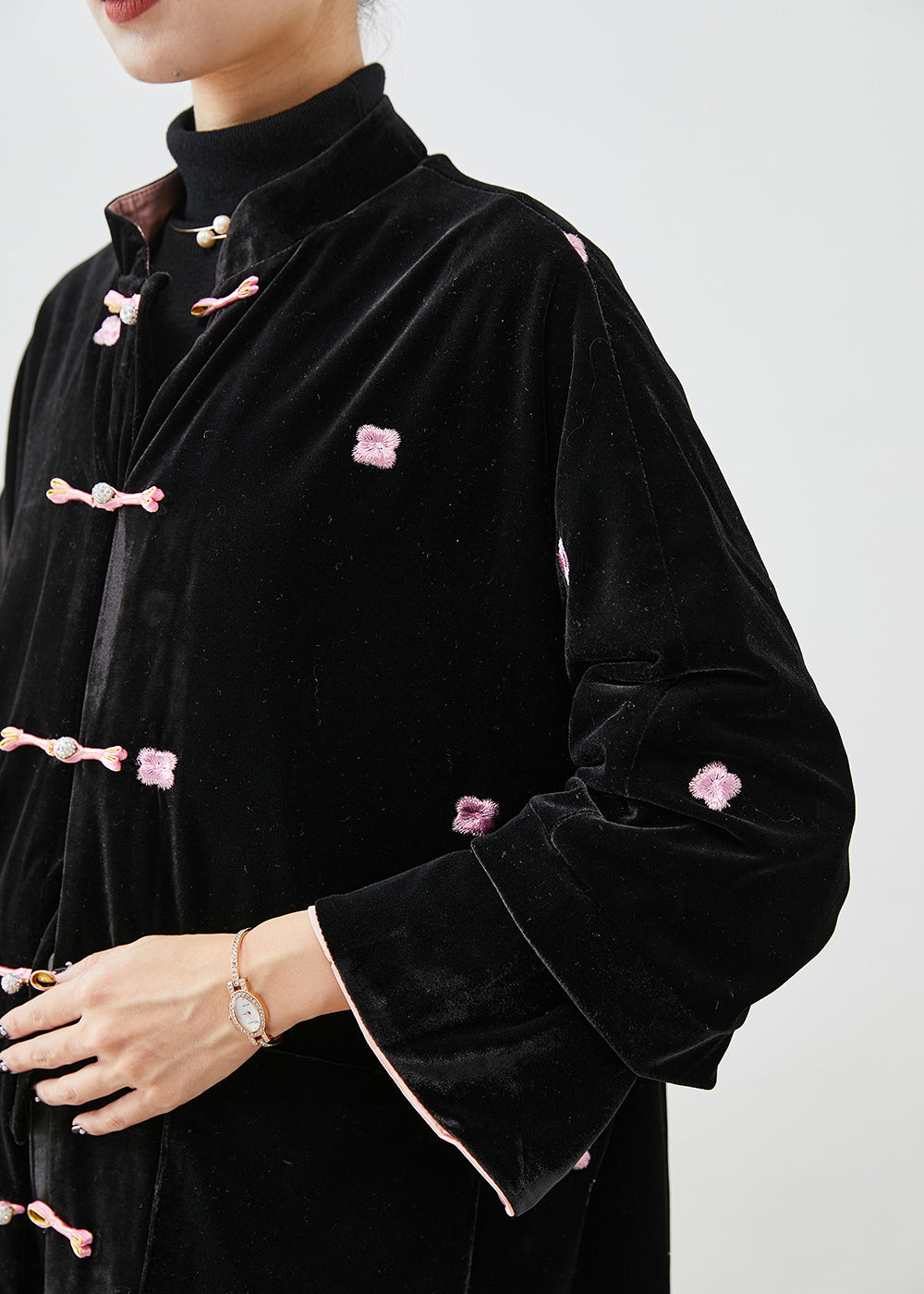 Unique Black Embroideried Chinese Button Silk Velour Coats Winter Ada Fashion