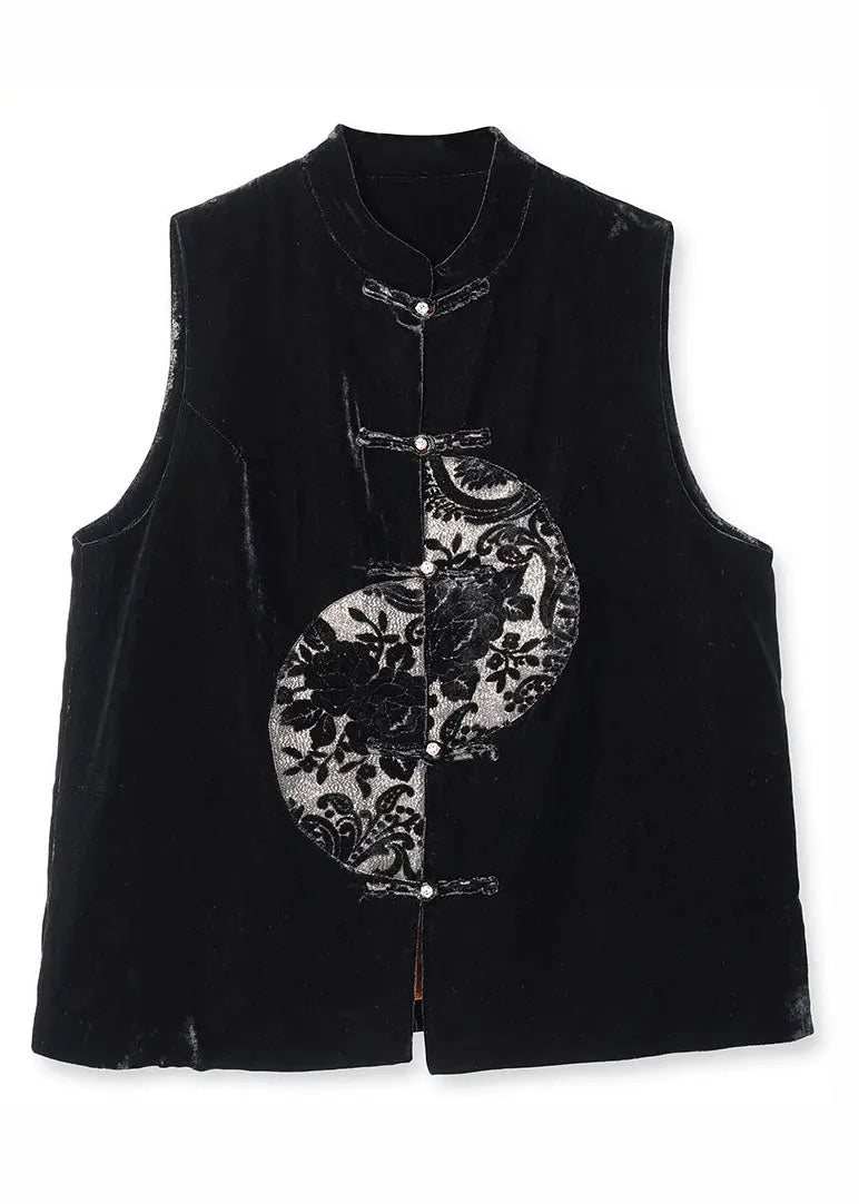 Unique Black Embroideried Patchwork Button Silk Velour Waistcoat Fall Ada Fashion