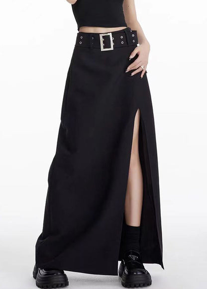 Unique Black Front Open High Waist Patchwork Spandex Maxi Skirts Summer Ada Fashion