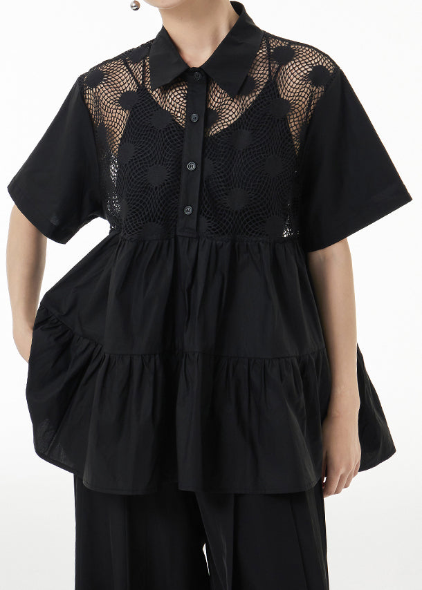 Unique Black Hollow Out Wrinkled Patchwork Cotton Blouses Summer Ada Fashion